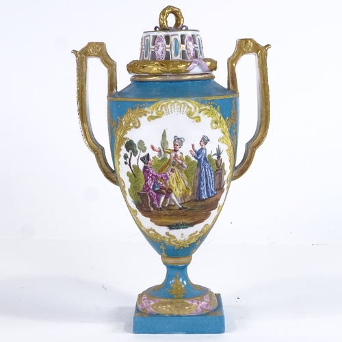 424 - A 19th century Meissen porcelain blue and gilt 2-handled vase and cover, with hand painted scene dep... 