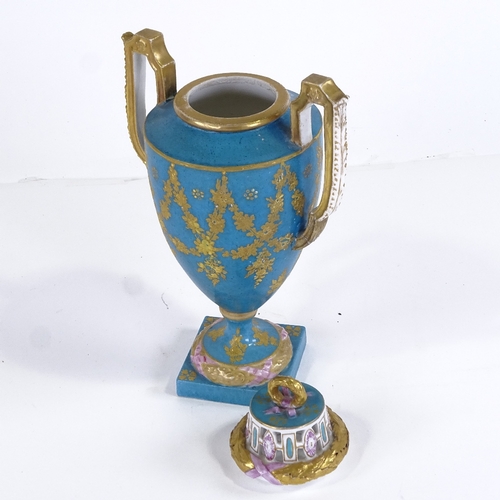 424 - A 19th century Meissen porcelain blue and gilt 2-handled vase and cover, with hand painted scene dep... 