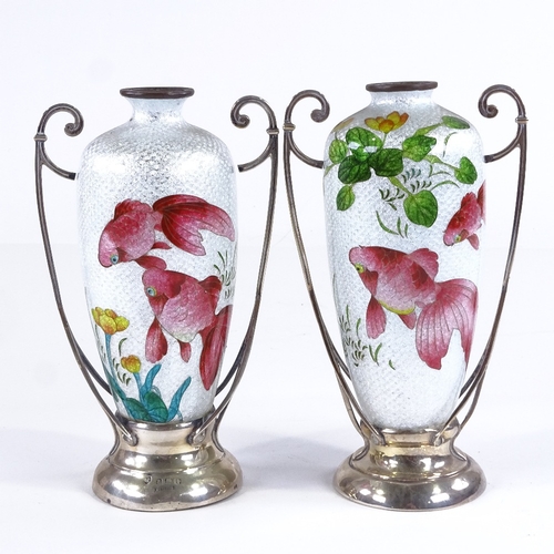 425 - A pair of Japanese cloisonne enamel vases, with Edwardian silver mounts and handles, Koi carp design... 