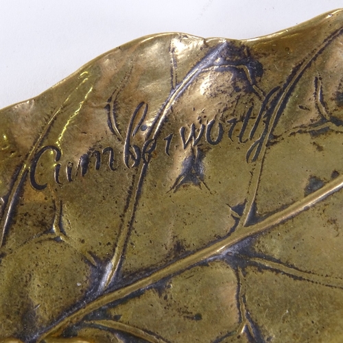 444 - Charles Cumberworth (1811 - 1852), bronze dish in the form of Eros resting on a leaf, signed, length... 