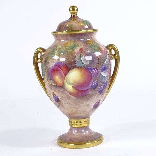 459 - Aynsley urn and cover, hand painted fruit design by Paul English, height 22cm