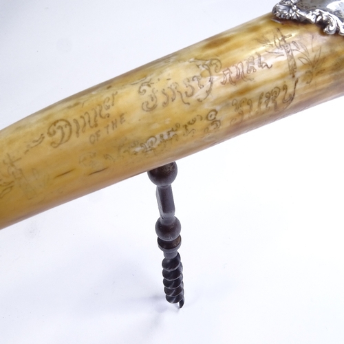 477 - A 19th century ivory-handled corkscrew, inscribed on handle Dinner of the First Panel Jan 8 1896, un... 