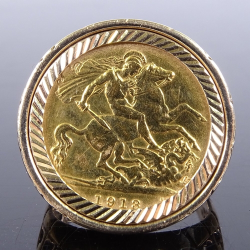 483 - A 1913 gold half sovereign ring, 9ct gold setting, 10.5g gross