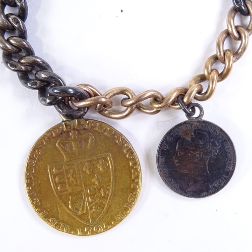 485 - A 1795 George III gold guinea, mounted on a mixed gold and silver chain