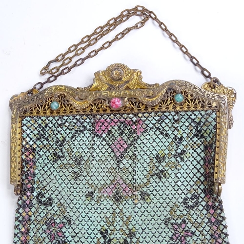 497 - SAHATIEL MANDALIAN - lustro-pearl enamelled pattern mesh evening bag, with gilt-metal clasp and frin... 