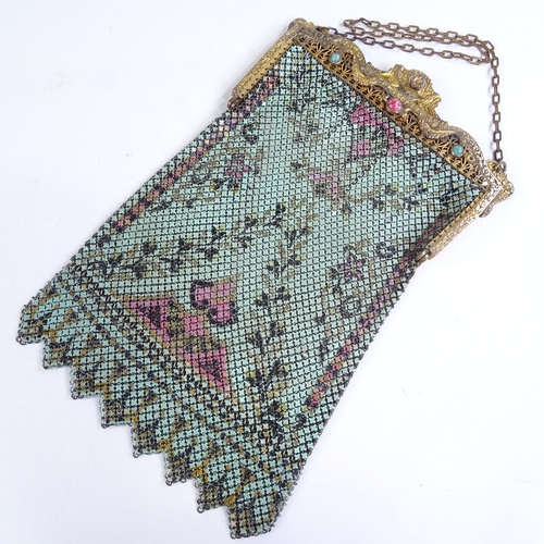 497 - SAHATIEL MANDALIAN - lustro-pearl enamelled pattern mesh evening bag, with gilt-metal clasp and frin... 