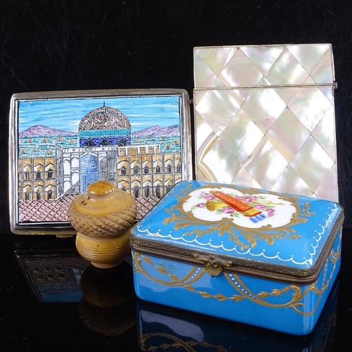 499 - A Dresden painted and gilded porcelain box, 9cm across, a Victorian mother-of-pearl card case, a Per... 