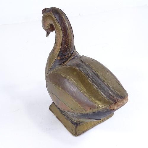 512 - A Persian brass-mounted carved wood duck, height 25cm