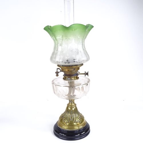 535 - A Victorian brass and cut-glass oil lamp, with etched frilled green glass shade, height to top of sh... 