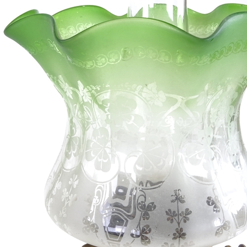 535 - A Victorian brass and cut-glass oil lamp, with etched frilled green glass shade, height to top of sh... 