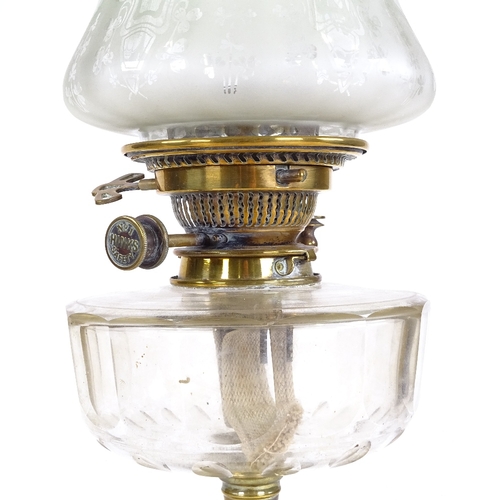 535 - A Victorian brass and cut-glass oil lamp, with etched frilled green glass shade, height to top of sh... 