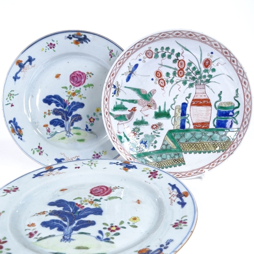 536 - 3 Chinese porcelain dishes with hand painted decoration, 22cm across