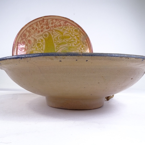 540 - A Spanish lustre glaze pottery bowl, with painted bird decoration, diameter 33cm, and another painte... 