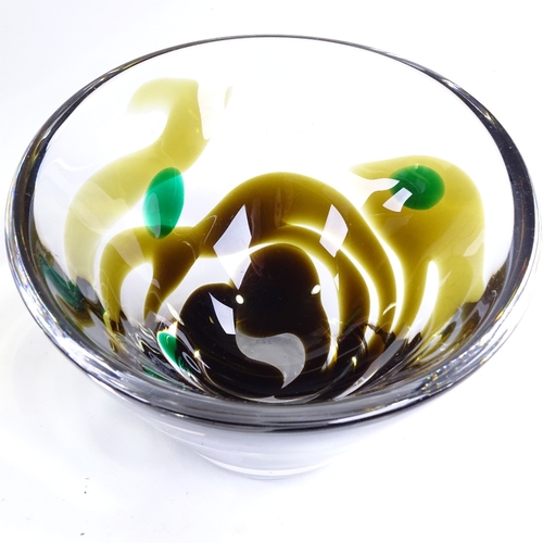 542 - VICKE LINDSTRAND for KOSTA SWEDEN - clear amber brown and green free-form glass bowl, 1960s, fully s... 