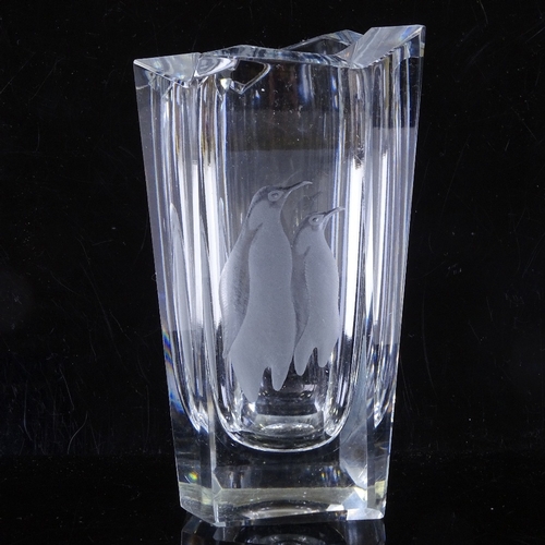 544 - VICKE LINDSTRAND for KOSTA SWEDEN - etched penguins glass vase, 1955, fully signed LG149, height 18c... 