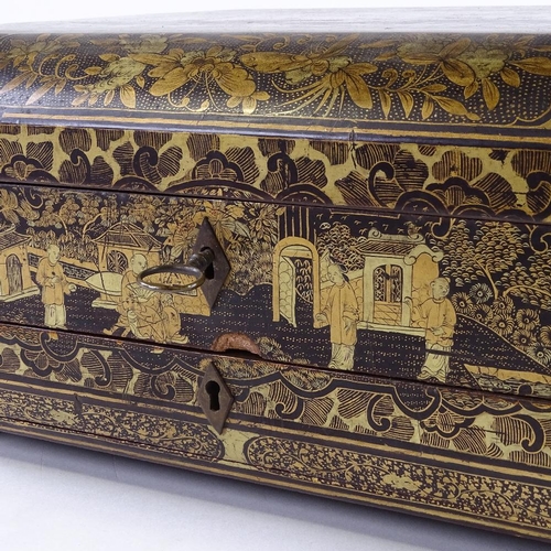 566 - A 19th century chinoiserie gilded and lacquered sewing box, on carved giltwood feet, interior fitted... 