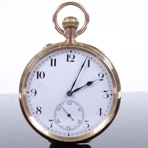 1003 - An early 20th century 9ct gold open-face top-wind pocket watch, white enamel dial with black Arabic ... 