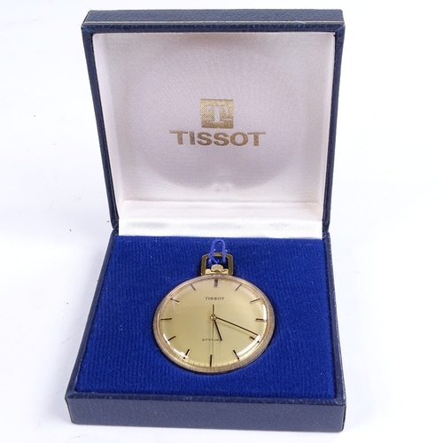 1020 - TISSOT - a Vintage gold plated Stylist open-face top-wind pocket watch, gilt dial with black baton h... 