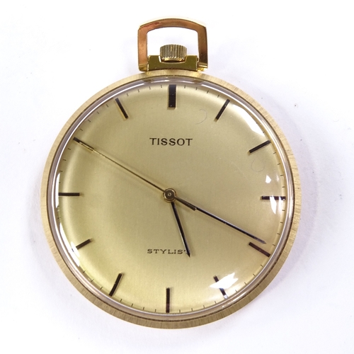 1020 - TISSOT - a Vintage gold plated Stylist open-face top-wind pocket watch, gilt dial with black baton h... 