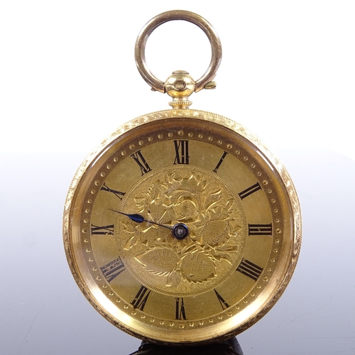 1025 - A Swiss 18ct gold open-face key-wind fob watch, floral engraved gilt dial with black painted Roman n... 