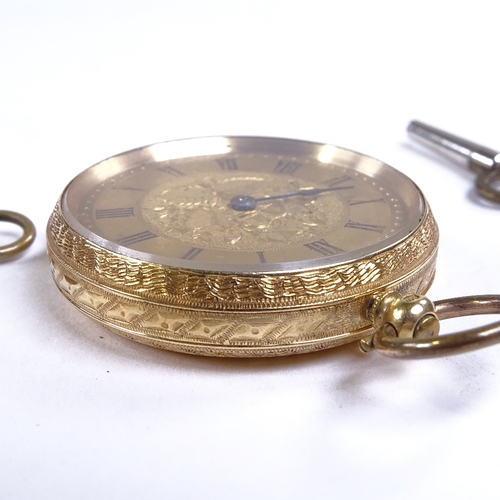 1025 - A Swiss 18ct gold open-face key-wind fob watch, floral engraved gilt dial with black painted Roman n... 