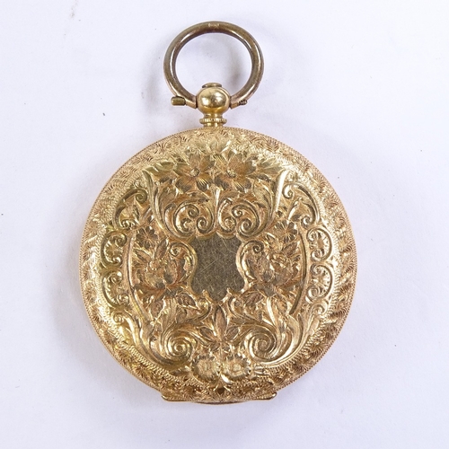 1025 - A Swiss 18ct gold open-face key-wind fob watch, floral engraved gilt dial with black painted Roman n... 