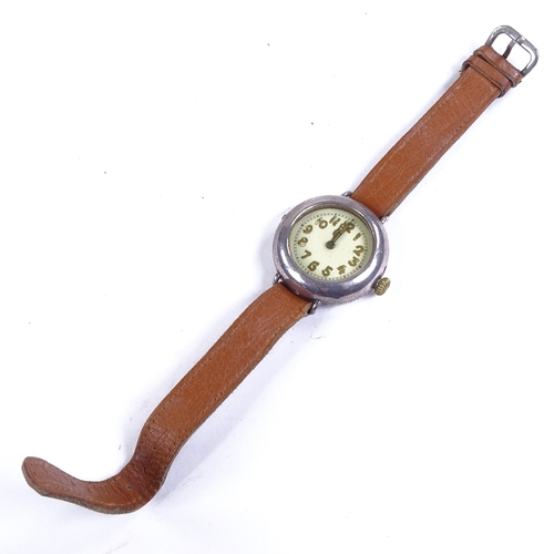 1030 - A First War Period silver-cased Officer's trench mechanical wristwatch, white enamel dial with Arabi... 