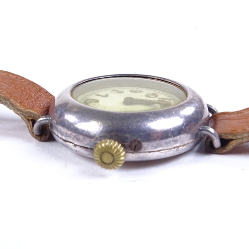 1030 - A First War Period silver-cased Officer's trench mechanical wristwatch, white enamel dial with Arabi... 