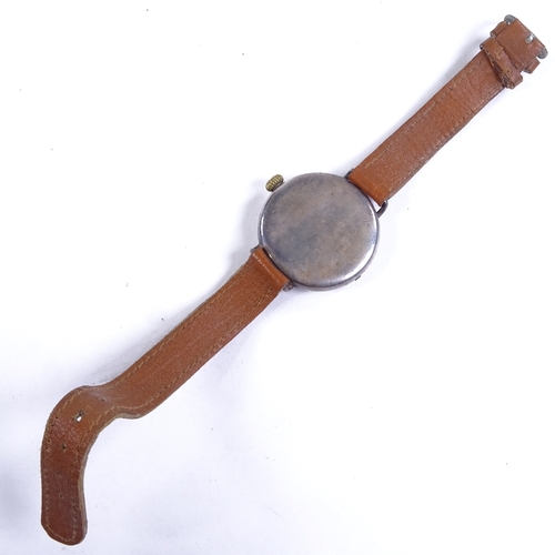 1030 - A First War Period silver-cased Officer's trench mechanical wristwatch, white enamel dial with Arabi... 