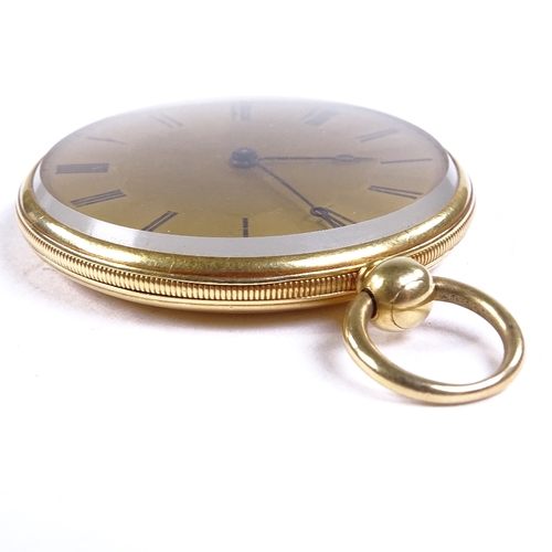 1035 - An early 19th century 18ct gold open-face key-wind slimline pocket watch, engine turned dial with Ro... 