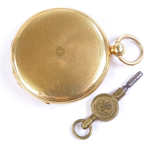 1035 - An early 19th century 18ct gold open-face key-wind slimline pocket watch, engine turned dial with Ro... 