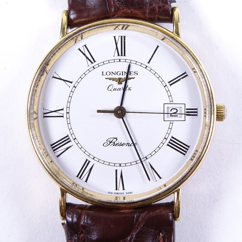 1041 - LONGINES - a Vintage 9ct gold Presence quartz wristwatch, ref. 24.324.719, white dial with Roman num... 