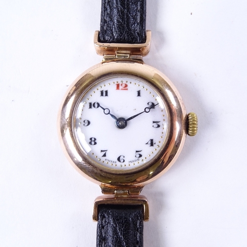1052 - A lady's Vintage 9ct rose gold mechanical dress wristwatch, white enamel dial with Deco painted Arab... 