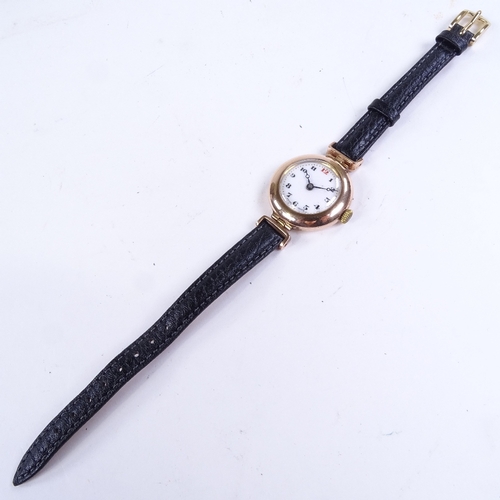 1052 - A lady's Vintage 9ct rose gold mechanical dress wristwatch, white enamel dial with Deco painted Arab... 
