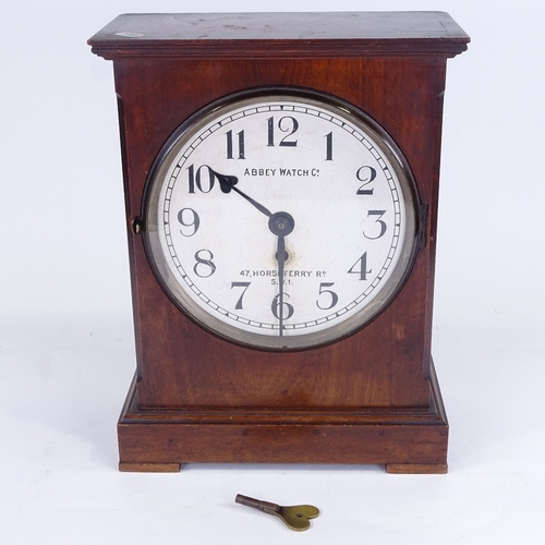 1061 - A Victorian mahogany 30-hour mantel clock, by Abbey Watch Co, white painted dial with Arabic numeral... 