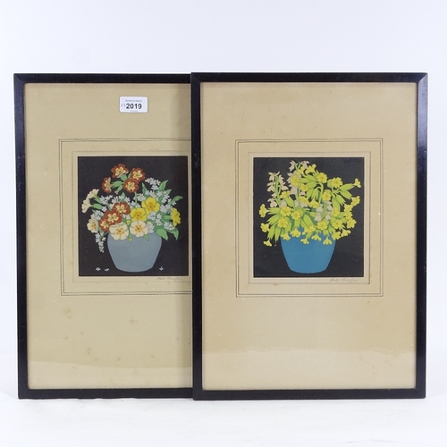 2019 - John Hall Thorpe, pair of colour wood-cut prints, primulas and forget-me-nots, signed in pencil, ima... 