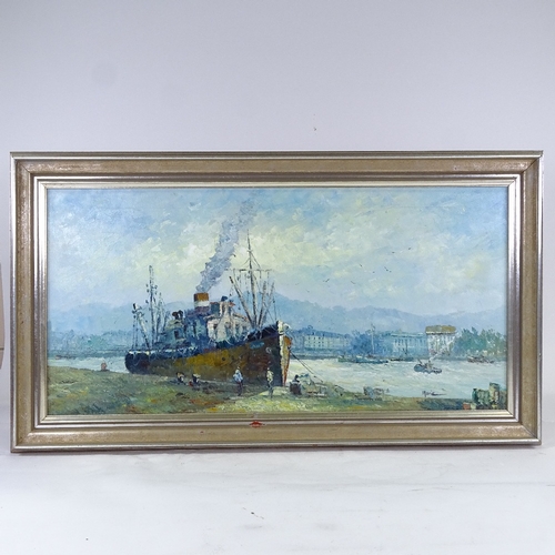 2040 - Oil on canvas, impressionist docklands scene, signed Marie, 16