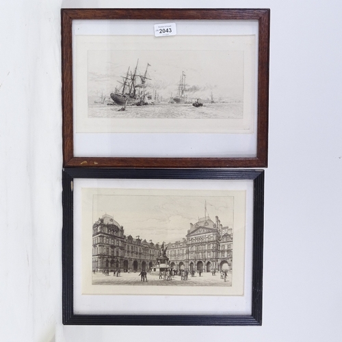 2043 - 4 various etchings, including William Wyllie, Thomas Riley, R Kent Thomas, and H Toussaint, framed (... 