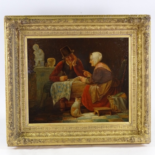 2064 - Joseph Dens, oil on wood panel, interior scene, signed, 16