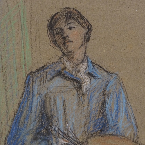 2066 - Circle of Laura Knight, coloured pastels/charcoal on brown paper, portrait of an artist, circa 1910,... 