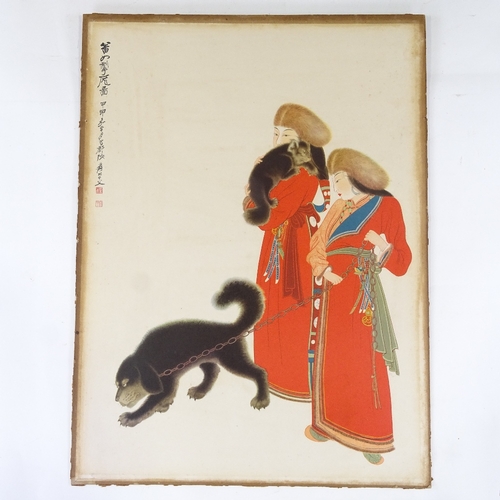 2079 - Zhang Daqian (1899 - 1983), lithograph, circa 1950s, Tibetan women with their dogs, sheet size 21