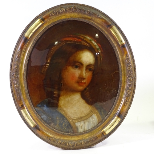 2096 - 19th century oil painting behind convex glass, portrait of a woman, in gilt-gesso frame, overall fra... 