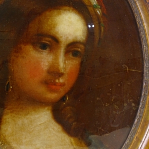 2096 - 19th century oil painting behind convex glass, portrait of a woman, in gilt-gesso frame, overall fra... 