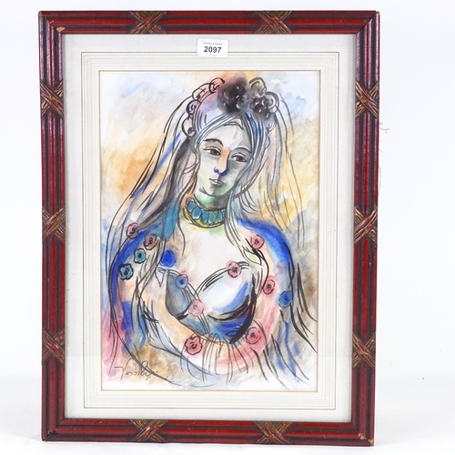 2097 - Watercolour, portrait of a bride, indistinctly signed, 16