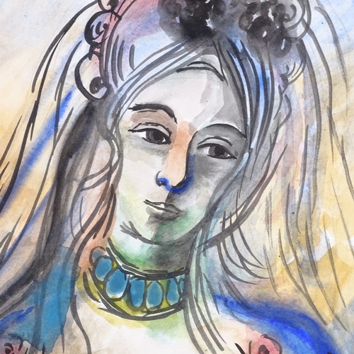 2097 - Watercolour, portrait of a bride, indistinctly signed, 16