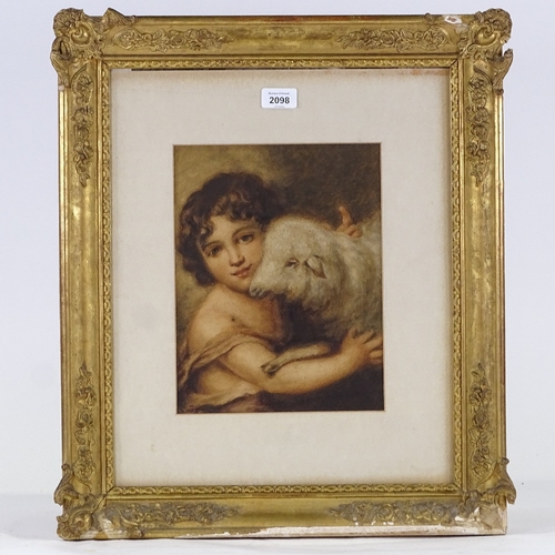 2098 - 19th century watercolour, child with a lamb, unsigned, 11