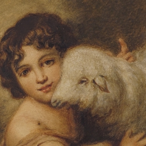 2098 - 19th century watercolour, child with a lamb, unsigned, 11