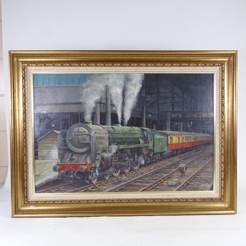 2102 - Geoff Shaw, oil on canvas, steam train at Liverpool Street Station, signed, 20