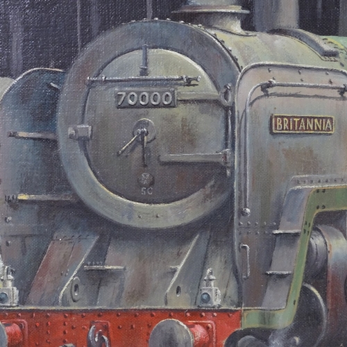 2102 - Geoff Shaw, oil on canvas, steam train at Liverpool Street Station, signed, 20