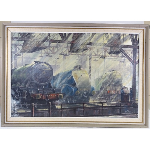 2103 - Geoff Shaw, oil on board, steam trains at York Station, signed, 24